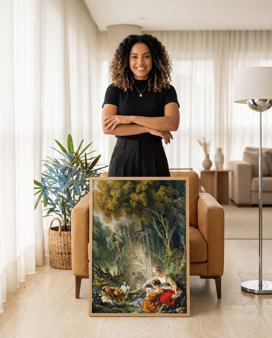 Quadro Decorativo A Lição de Música - François Boucher com modelo em ambiente
