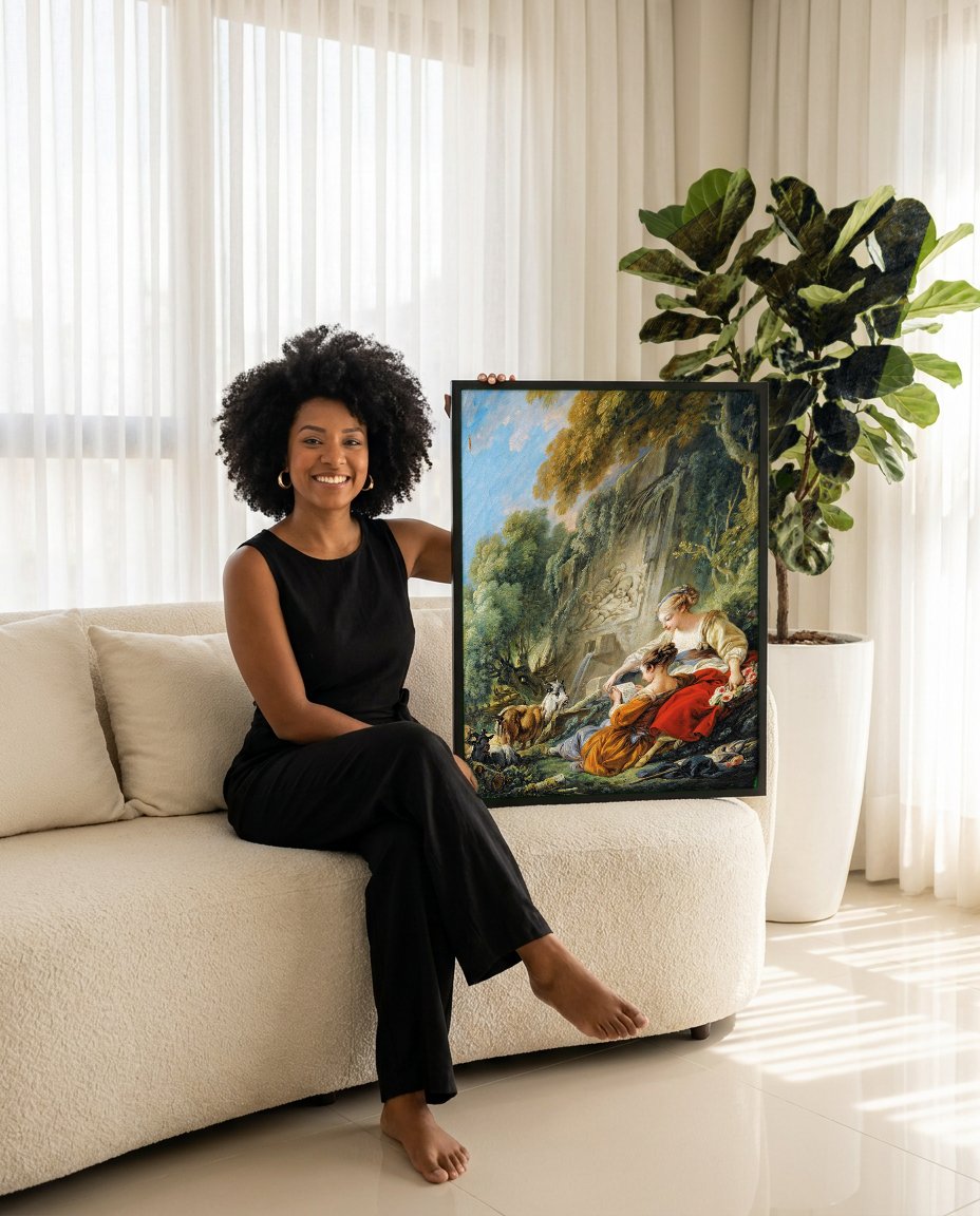 Quadro Decorativo A Lição de Música - François Boucher com modelo em ambiente