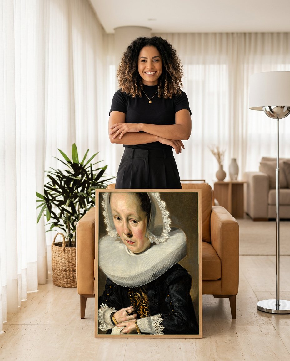 Quadro Decorativo Retrato de Mulher - Frans Hals com modelo em ambiente
