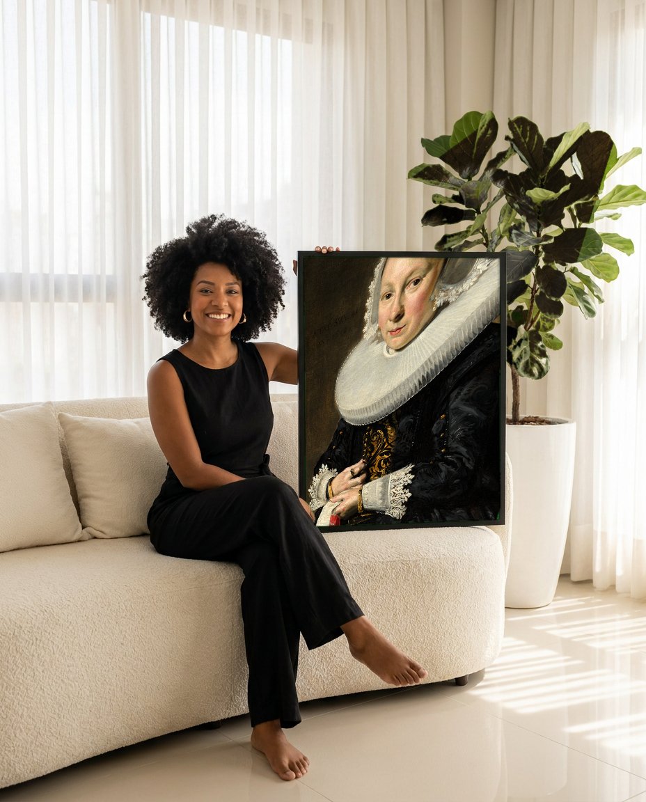 Quadro Decorativo Retrato de Mulher - Frans Hals com modelo em ambiente