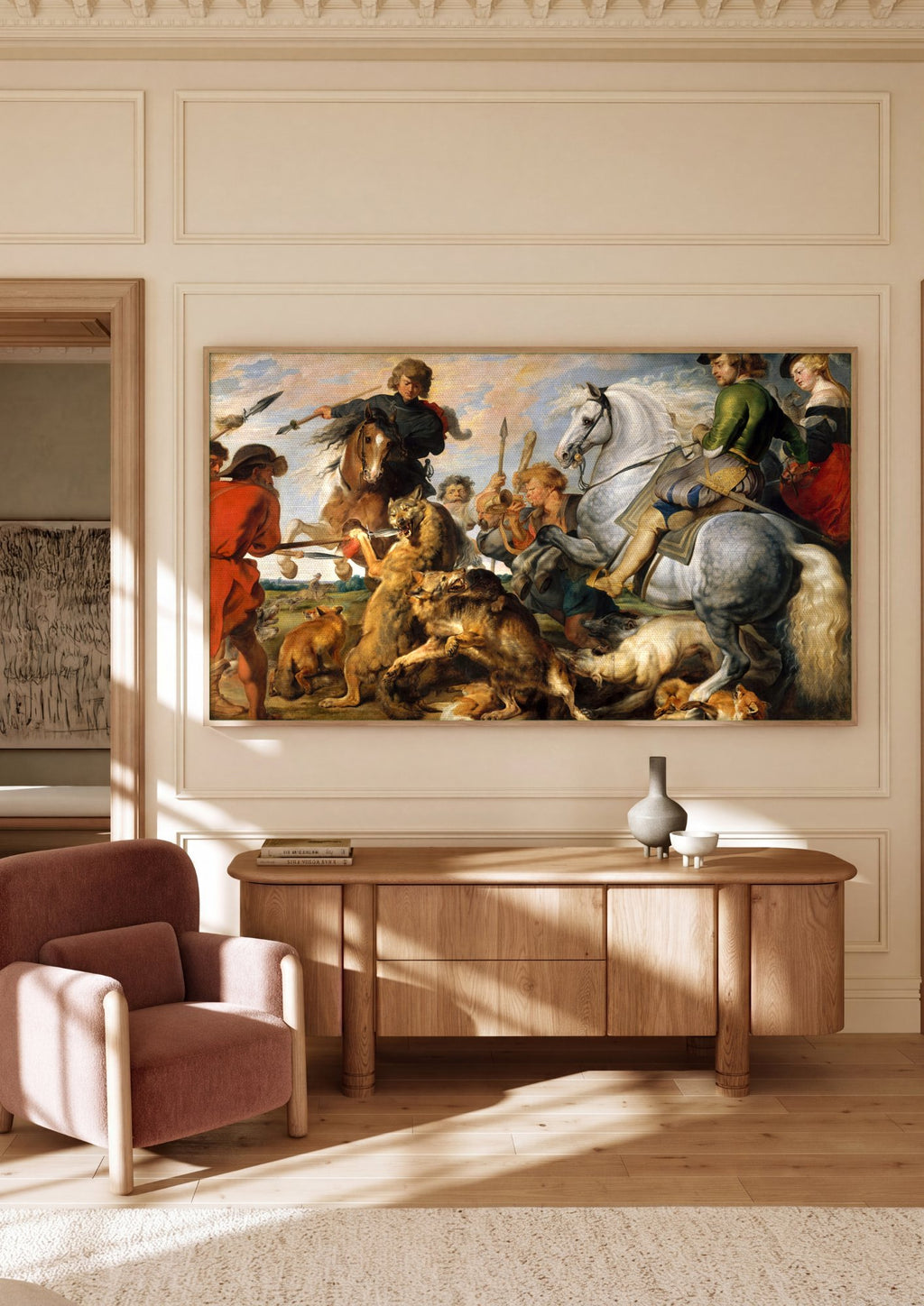 Quadro Decorativo A Caça ao Lobo e à Raposa - Rubens em ambiente decorado