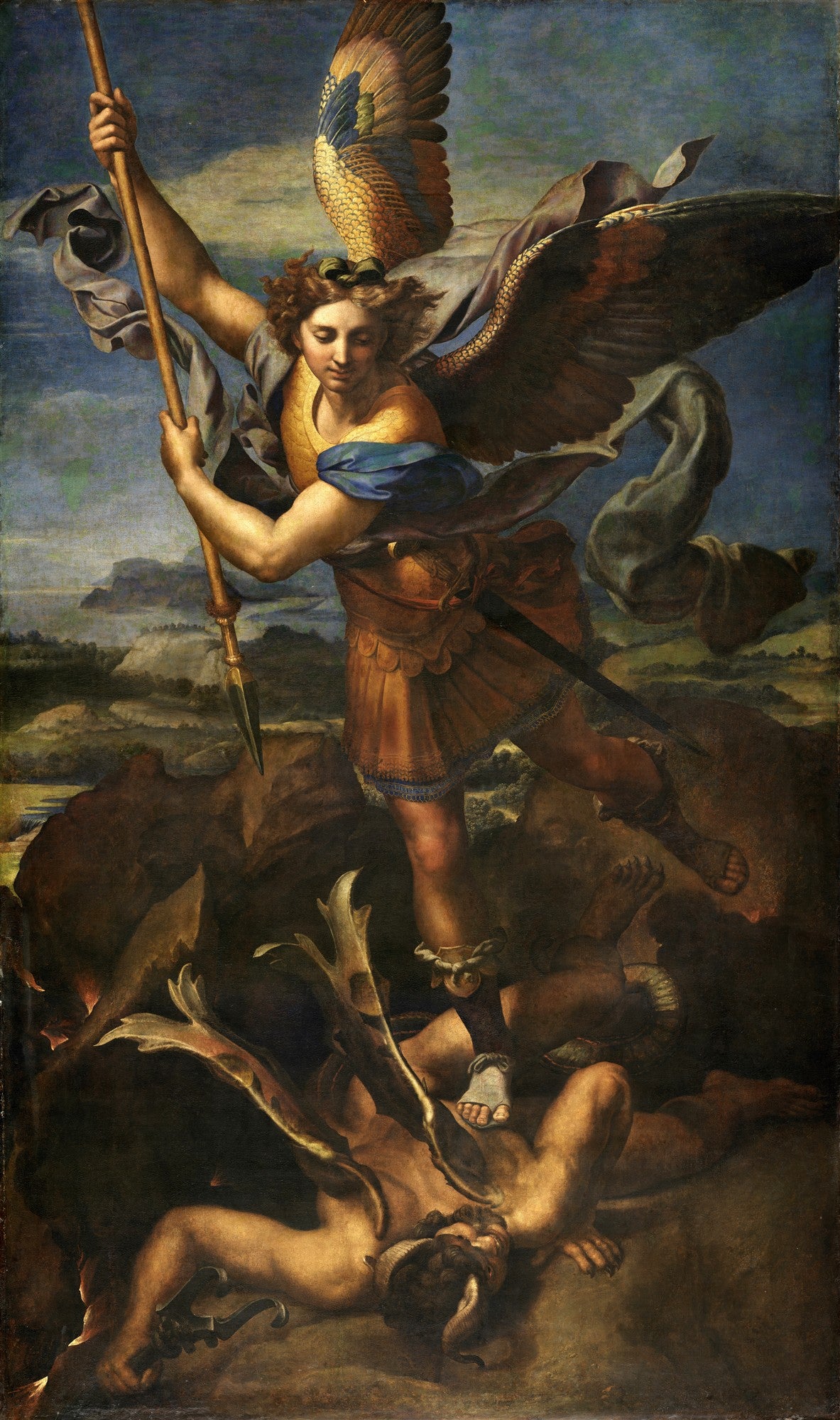 Quadro decorativo 'São Miguel Arcanjo Derrotando o Demônio' de Rafael, mostrando o arcanjo alado com lança, pisoteando o demônio em um cenário dramático e escuro, com tons celestiais.