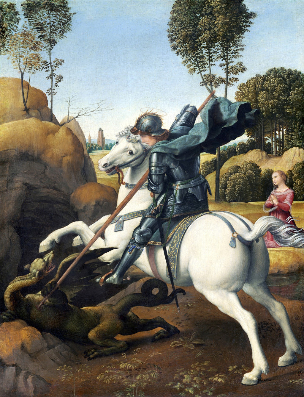 Quadro de São Jorge e o Dragão de Rafael, retratando São Jorge montado a cavalo branco, perfurando um dragão verde com uma lança, enquanto uma princesa ajoelhada observa à direita. Cena de fundo com paisagem rochosa e árvores.