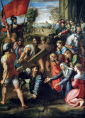 Quadro decorativo mostrando Cristo carregando a cruz, caindo sob o peso, com Maria e outras figuras ao redor em uma cena dramática e detalhada da Alta Renascença, com uma bandeira vermelha ao fundo.