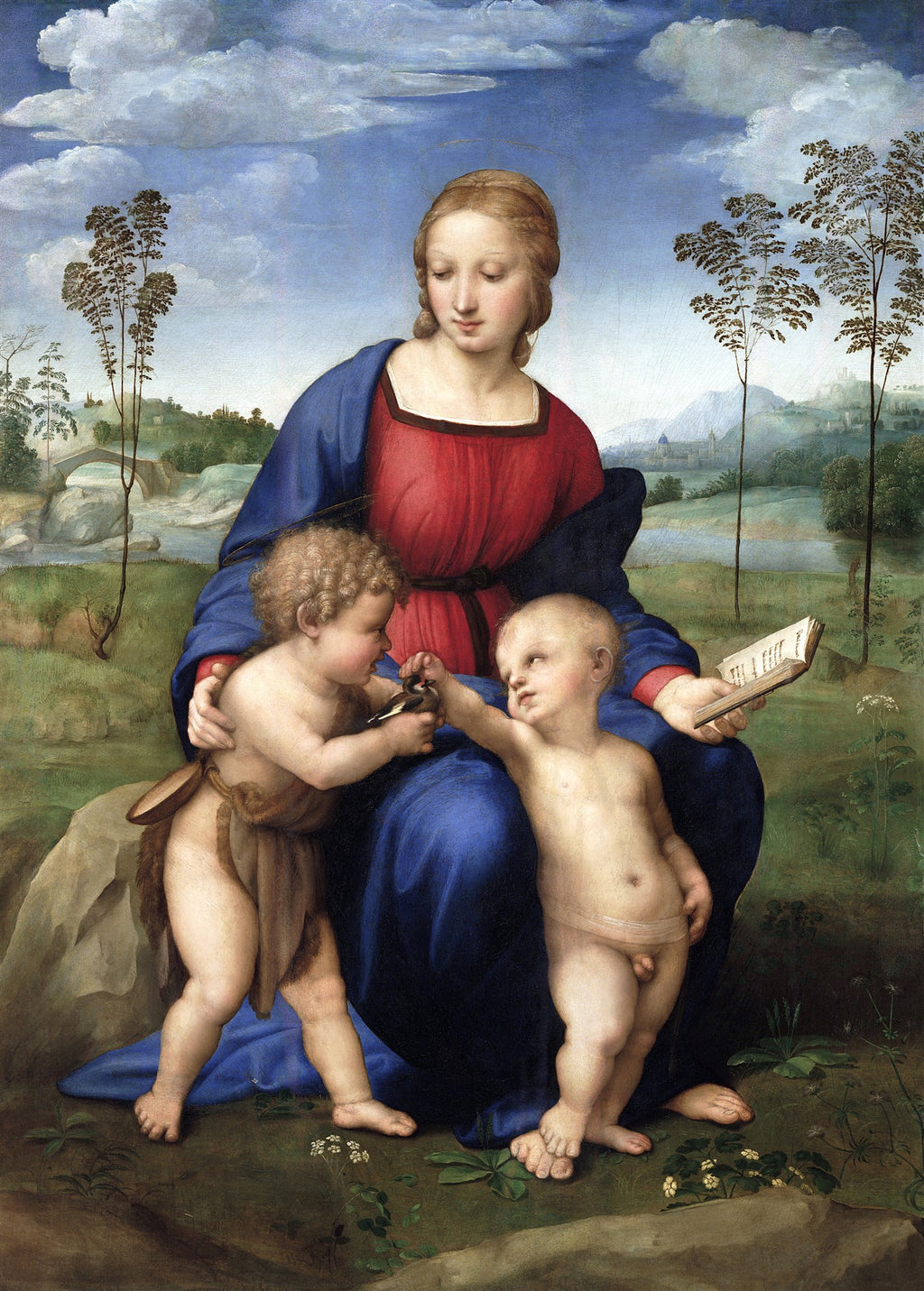 Quadro decorativo da pintura "Madonna do Pintassilgo" de Rafael, mostrando a Virgem Maria com o Menino Jesus e São João Batista em paisagem campestre. Maria veste azul e vermelho, os meninos nus interagem com um pintassilgo.