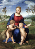 Quadro decorativo da pintura "Madonna do Pintassilgo" de Rafael, mostrando a Virgem Maria com o Menino Jesus e São João Batista em paisagem campestre. Maria veste azul e vermelho, os meninos nus interagem com um pintassilgo.