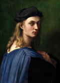 Retrato de um jovem com cabelos longos e chapéu preto, vestindo uma túnica azul sobre fundo verde escuro. A obra é atribuída a Rafael.