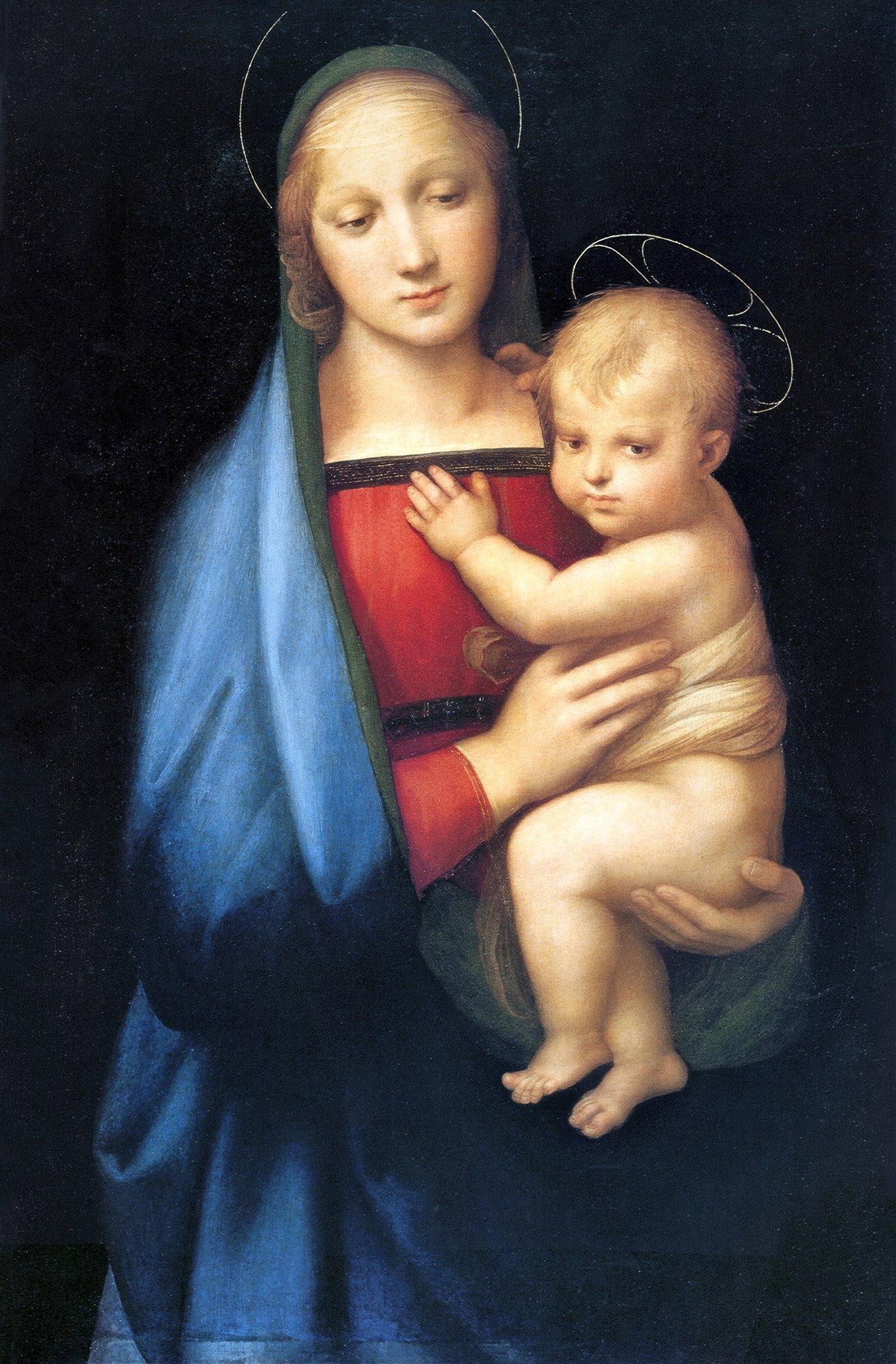 Quadro decorativo da Madonna e o Menino de Rafael, com a Virgem Maria em manto azul e vestido vermelho segurando o Menino Jesus em um fundo escuro, com auréolas sutis