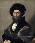 Retrato de Baldassare Castiglione, pintura de Rafael, mostrando um homem barbado com chapéu e vestes escuras, olhar penetrante e mãos cruzadas.