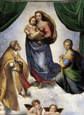 Madona Sistina, pintura de Rafael, representando a Virgem Maria segurando o Menino Jesus, flutuando sobre nuvens, ladeada por São Sisto e Santa Bárbara, com dois anjos pensativos na base. Obra renascentista com cortinas verdes nas laterais.