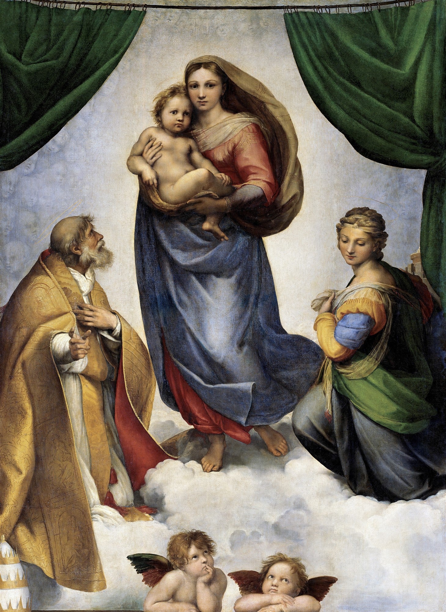 Madona Sistina, pintura de Rafael, representando a Virgem Maria segurando o Menino Jesus, flutuando sobre nuvens, ladeada por São Sisto e Santa Bárbara, com dois anjos pensativos na base. Obra renascentista com cortinas verdes nas laterais.
