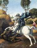 Quadro decorativo mostrando São Jorge em um cavalo branco, lançando uma lança contra um dragão verde, com uma princesa ajoelhada ao fundo, em uma paisagem renascentista.