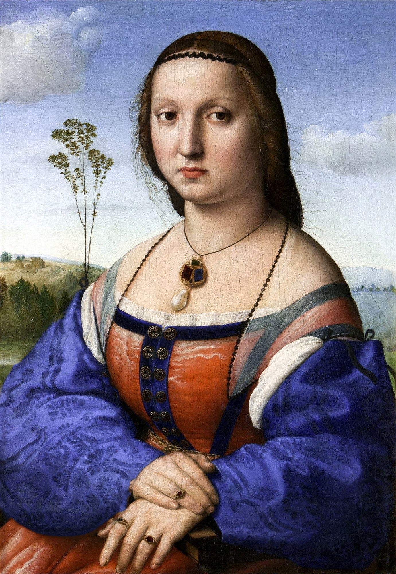 Retrato de A Donna Velata, uma mulher do Renascimento com um colar de joias e vestimentas vibrantes, pintada por Rafael. O fundo é uma paisagem azulada com uma pequena árvore.