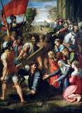 Pintura renascentista de Rafael Sanzio, "A Caminho do Calvário", mostrando Jesus Cristo carregando a cruz, com Maria e outras figuras ao redor, em cores terrosas e vibrantes, refletindo drama e emoção.