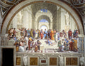 Uma pintura renascentista de Rafael, 'A Escola de Atenas', mostra uma vasta assembleia de filósofos e pensadores clássicos em um grandioso edifício abobadado, com Platão e Aristóteles no centro, rodeados por outros grupos em discussão e estudo. Cores vibrantes e arquitetura majestosa.