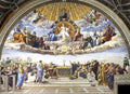Quadro decorativo 'A Disputa do Santíssimo Sacramento' de Rafael, um afresco renascentista com figuras celestiais e terrestres discutindo a Eucaristia. Detalhes em tons dourados, azuis e terrosos, com Jesus Cristo e a Santíssima Trindade no topo e teólogos e clérigos na parte inferior.