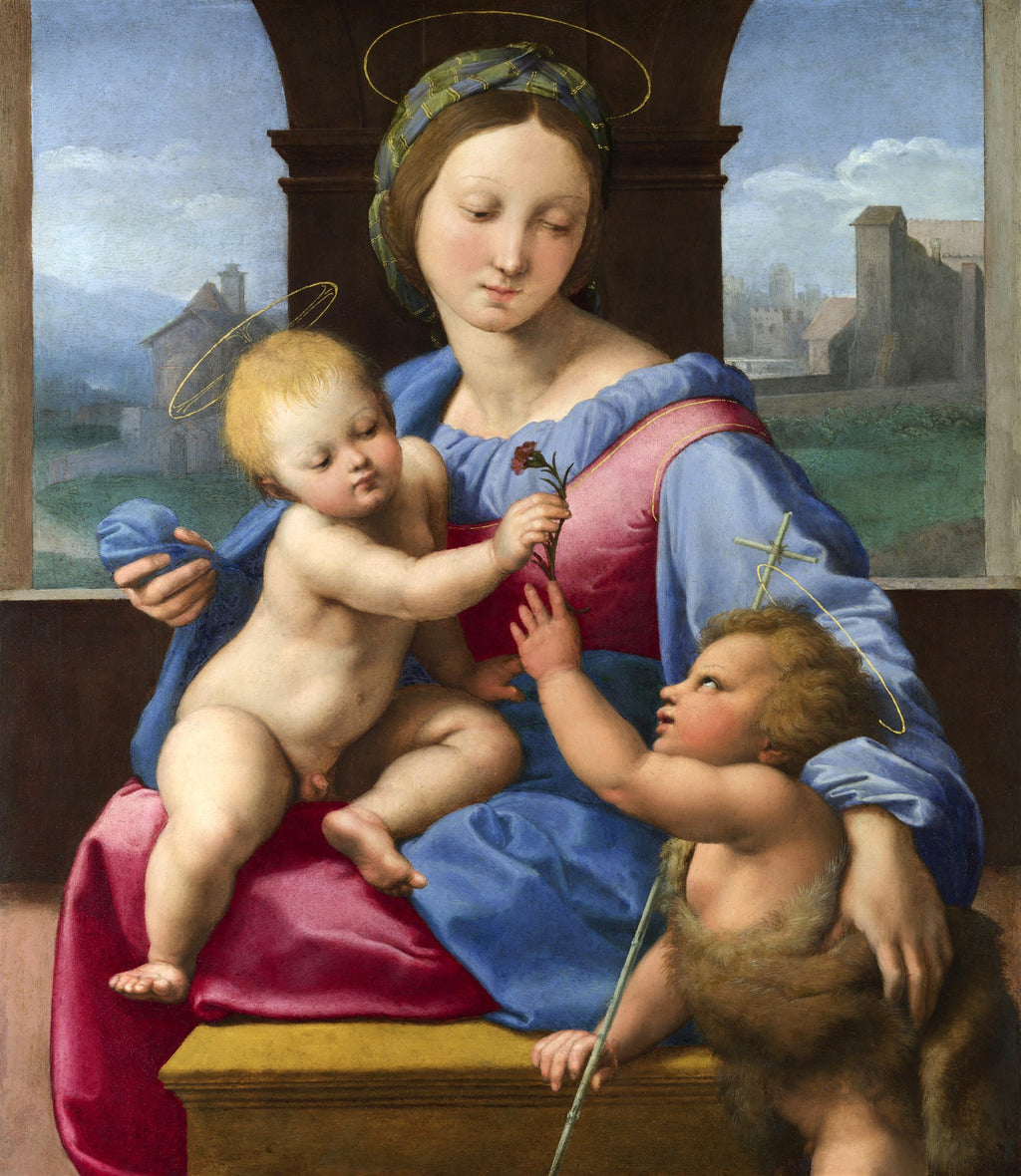 Quadro decorativo mostrando a obra 'Madonna della Seggiola' de Raffaello, com a Virgem Maria abraçando o Menino Jesus e São João Batista ao lado, em uma cena íntima e circular