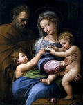 Quadro decorativo "A Sagrada Família de Francisco I" de Raphael. Representa a Virgem Maria, São José e os Meninos Jesus e São João Batista, com auréolas e em tons escuros e ricos.