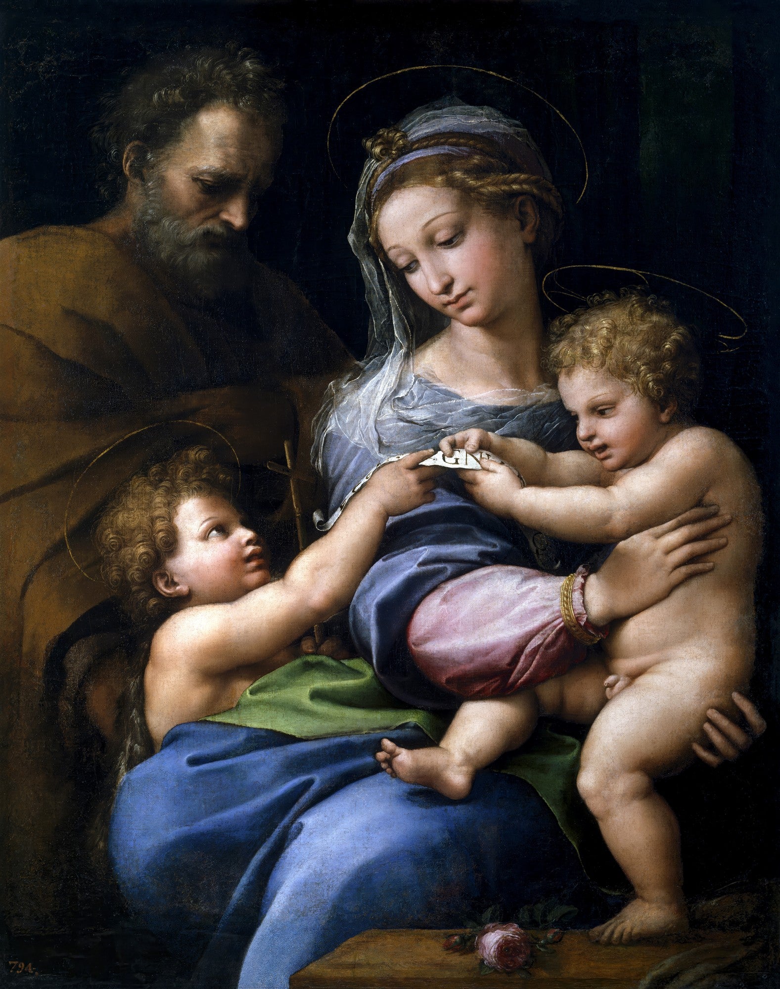 Quadro decorativo "A Sagrada Família de Francisco I" de Raphael. Representa a Virgem Maria, São José e os Meninos Jesus e São João Batista, com auréolas e em tons escuros e ricos.