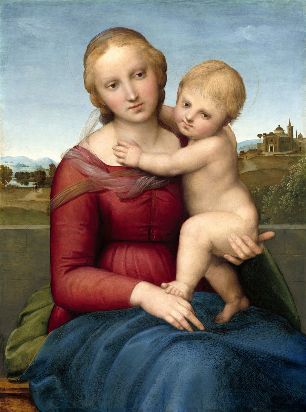 Quadro decorativo da pintura 'Madonna Alba' de Rafael, mostrando a Virgem Maria e o Menino Jesus em um cenário campestre, impressa em papel Kodak com moldura e vidro.