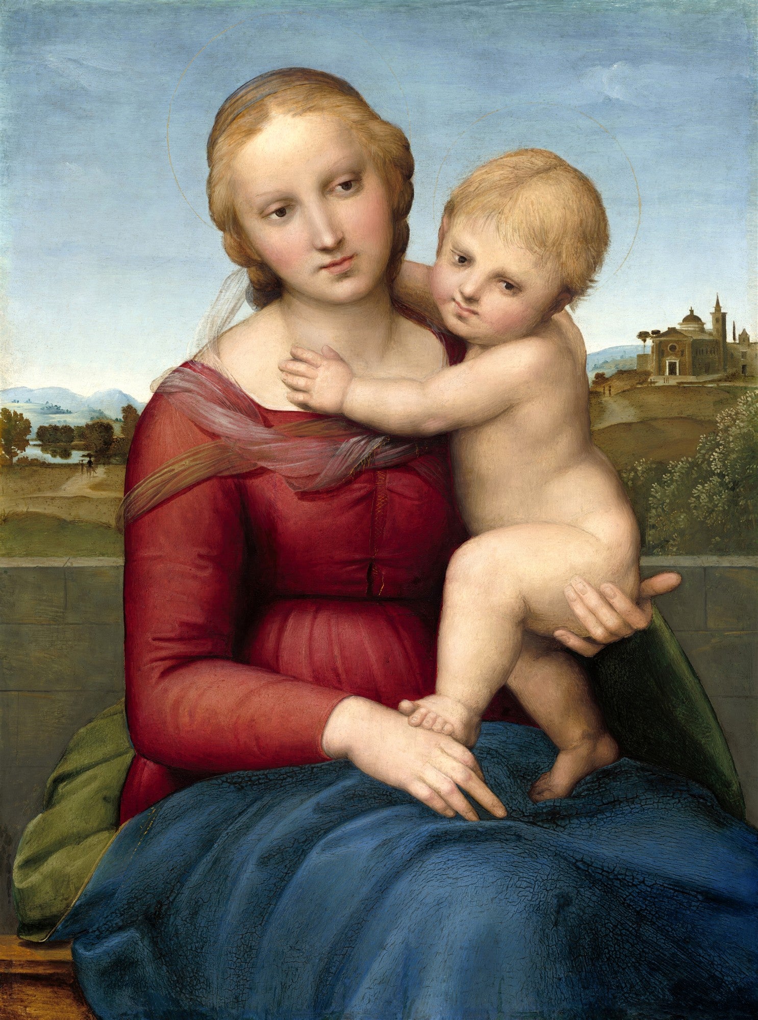 Quadro decorativo da pintura 'Madonna Alba' de Rafael, mostrando a Virgem Maria e o Menino Jesus em um cenário campestre, impressa em papel Kodak com moldura e vidro.