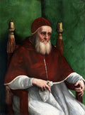 Retrato de um homem idoso com barba branca e vestes papais vermelhas, sentado em uma cadeira, com fundo verde. A obra é 'Retrato do Papa Júlio II' de Rafael.