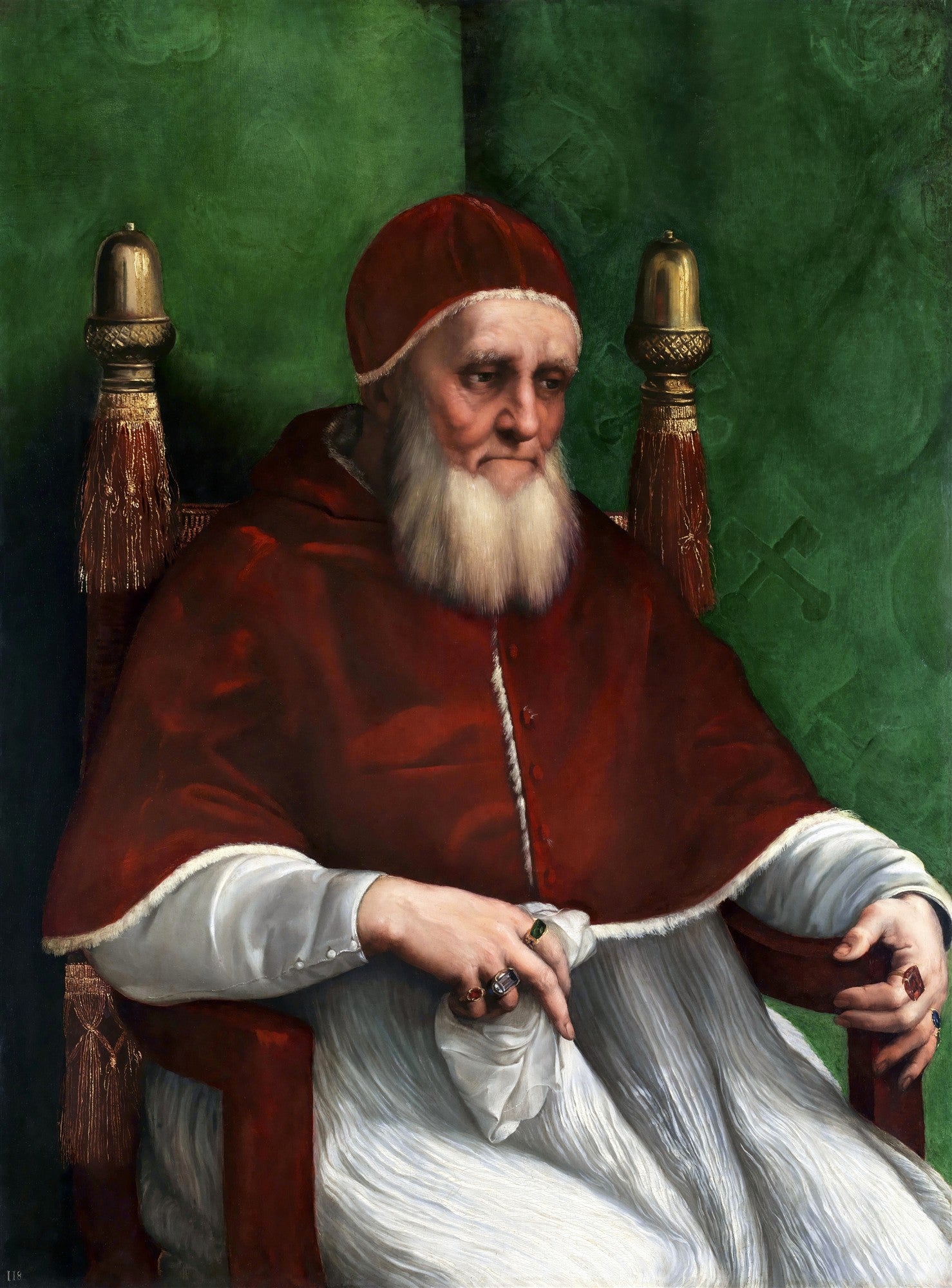 Retrato de um homem idoso com barba branca e vestes papais vermelhas, sentado em uma cadeira, com fundo verde. A obra é 'Retrato do Papa Júlio II' de Rafael.