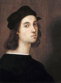 Retrato de um jovem de cabelos escuros e chapéu preto, com um olhar direto e pensativo, sobre um fundo marrom escuro, atribuído a Rafael.