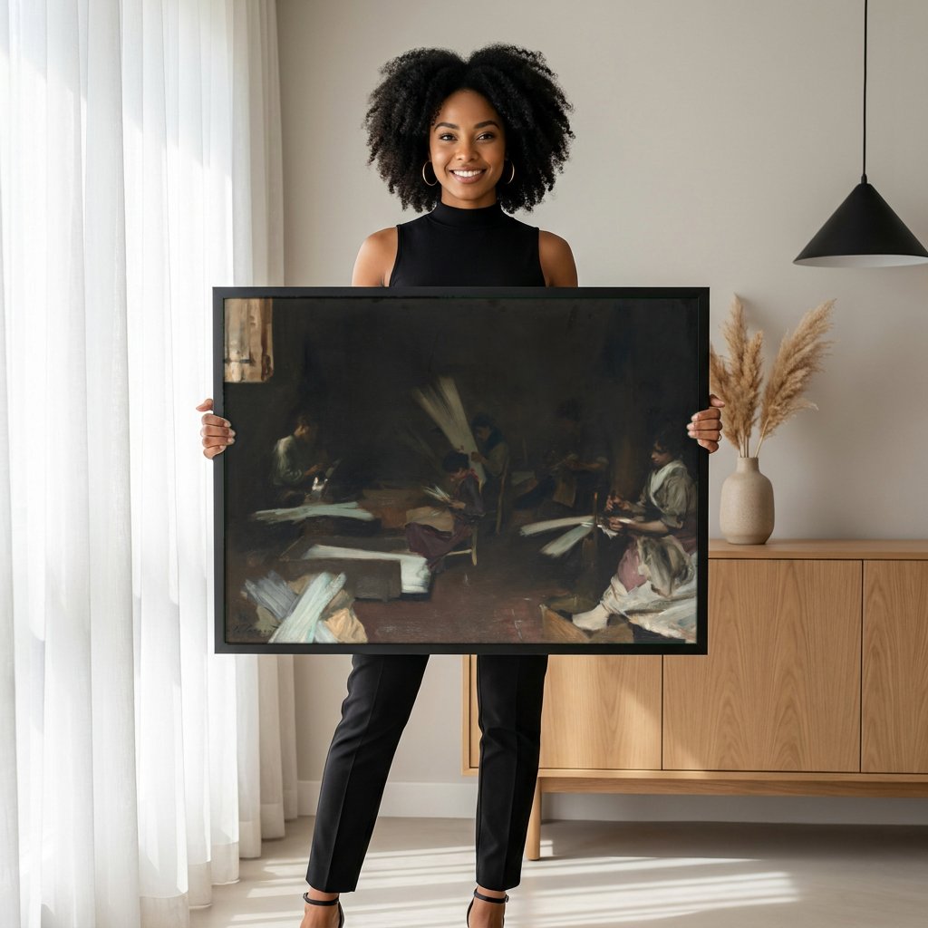 Quadro Decorativo A Oficina de Vassouras - John Singer Sargent com modelo em ambiente