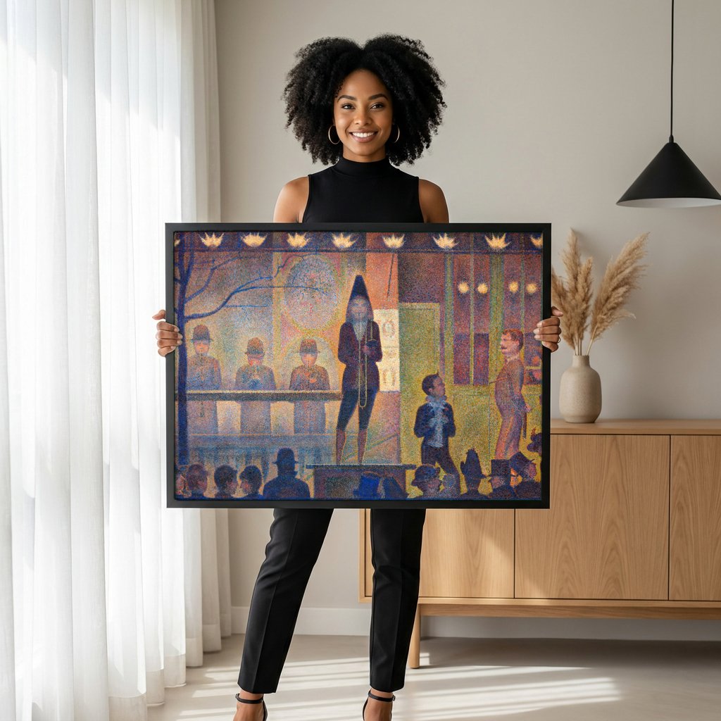 Quadro Decorativo O Circo - Georges Seurat com modelo em ambiente