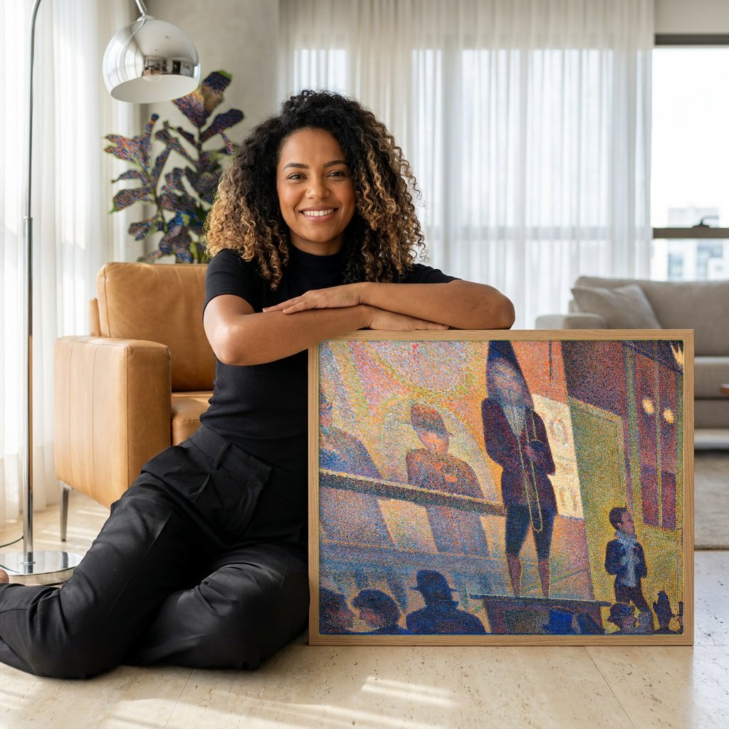 Quadro Decorativo O Circo - Georges Seurat com modelo em ambiente