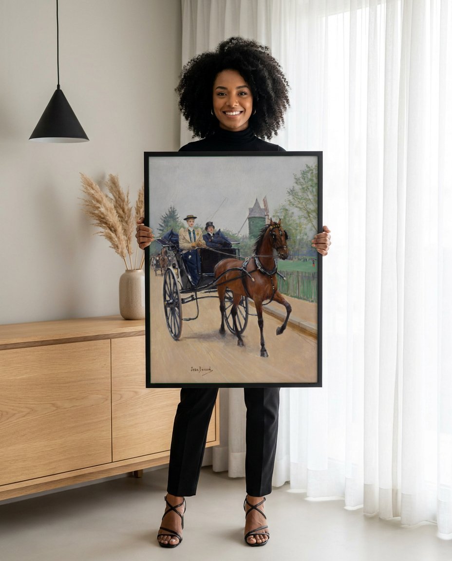 Quadro Decorativo A Carruagem - Jean Béraud com modelo em ambiente
