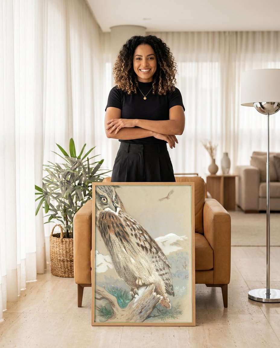 Quadro Decorativo Coruja-orelhuda - Thorburn com modelo em ambiente