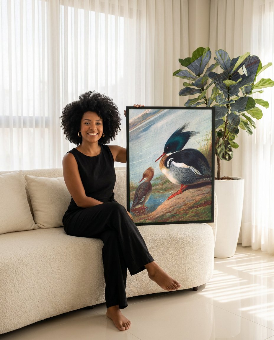 Quadro Decorativo Mergansos Reais - Thorburn com modelo em ambiente