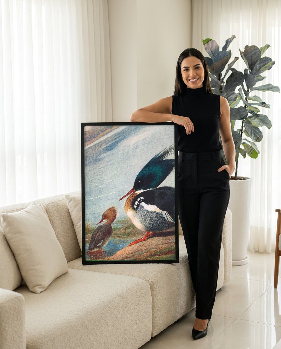 Quadro Decorativo Mergansos Reais - Thorburn com modelo em ambiente