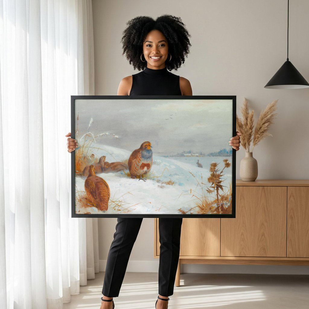 Quadro Decorativo Aves de Inverno - Thorburn com modelo em ambiente