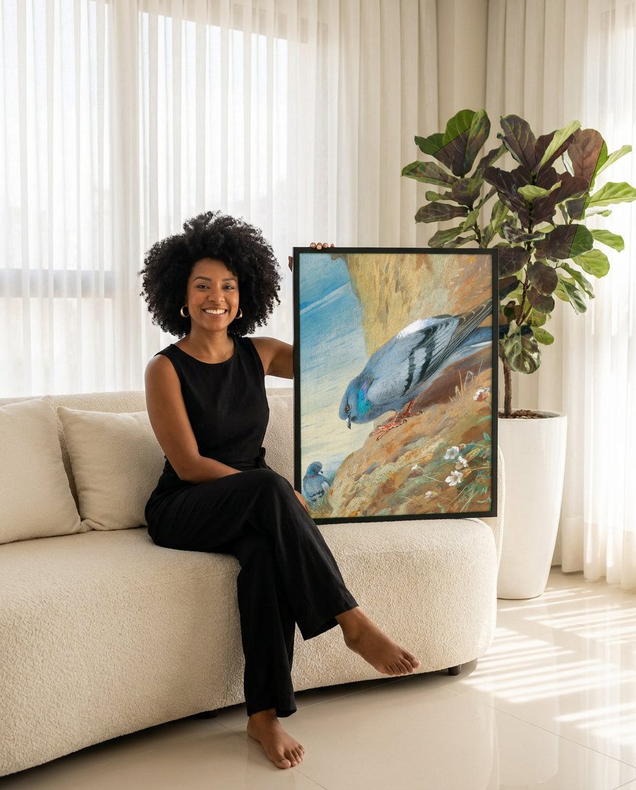 Quadro Decorativo Pombos na Rocha - Thorburn com modelo em ambiente
