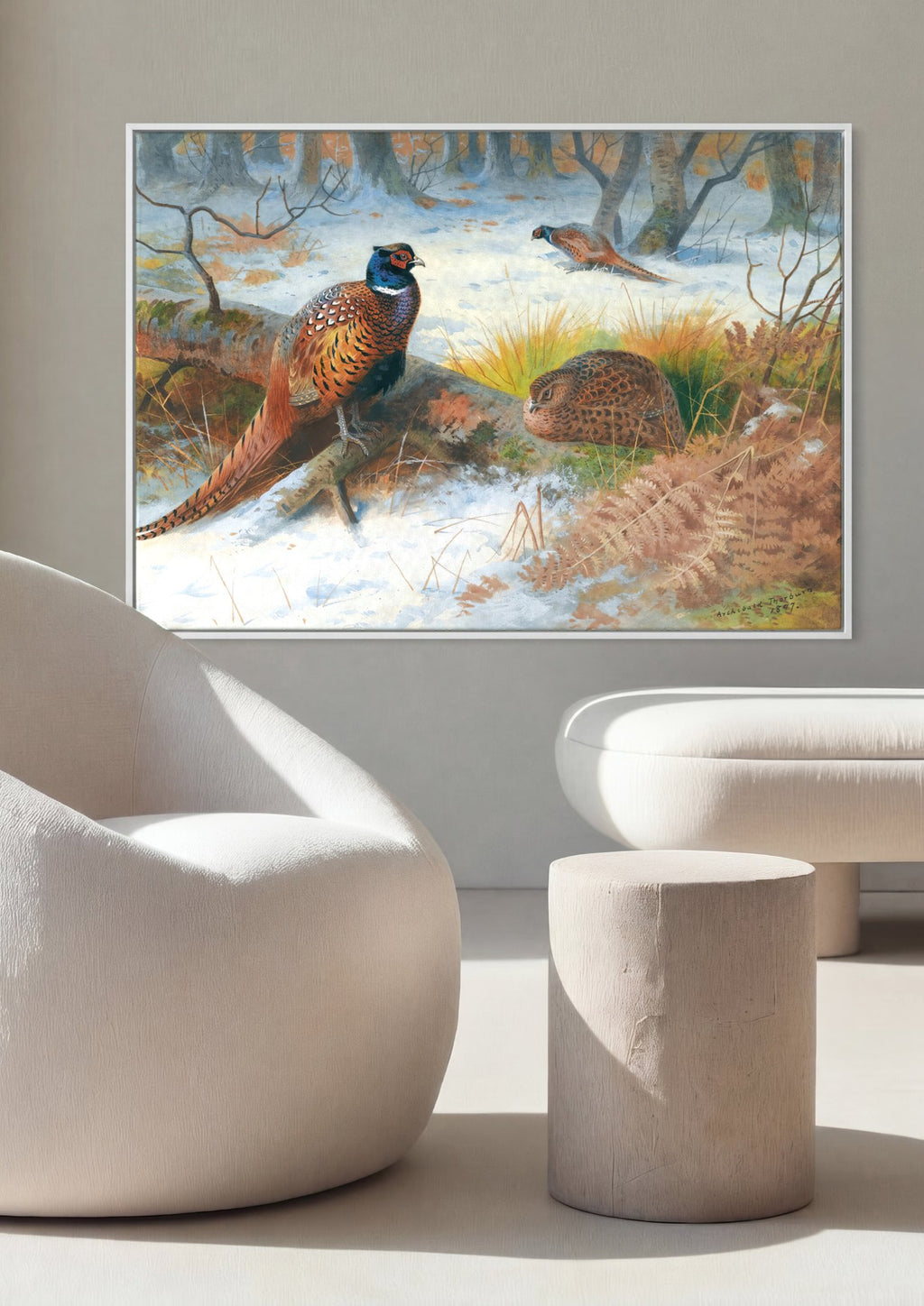 Quadro Decorativo Faisões na Neve - Thorburn em ambiente decorado