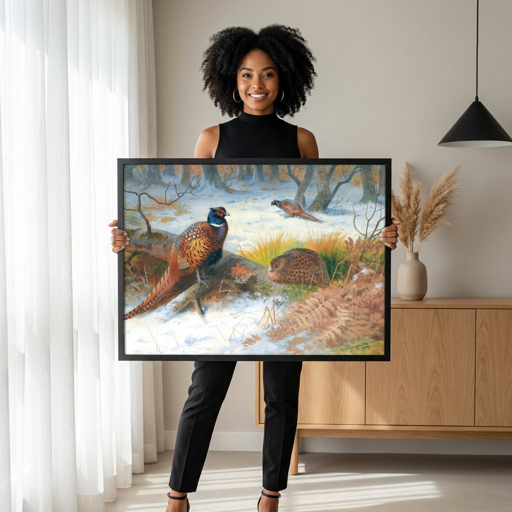 Quadro Decorativo Faisões na Neve - Thorburn com modelo em ambiente