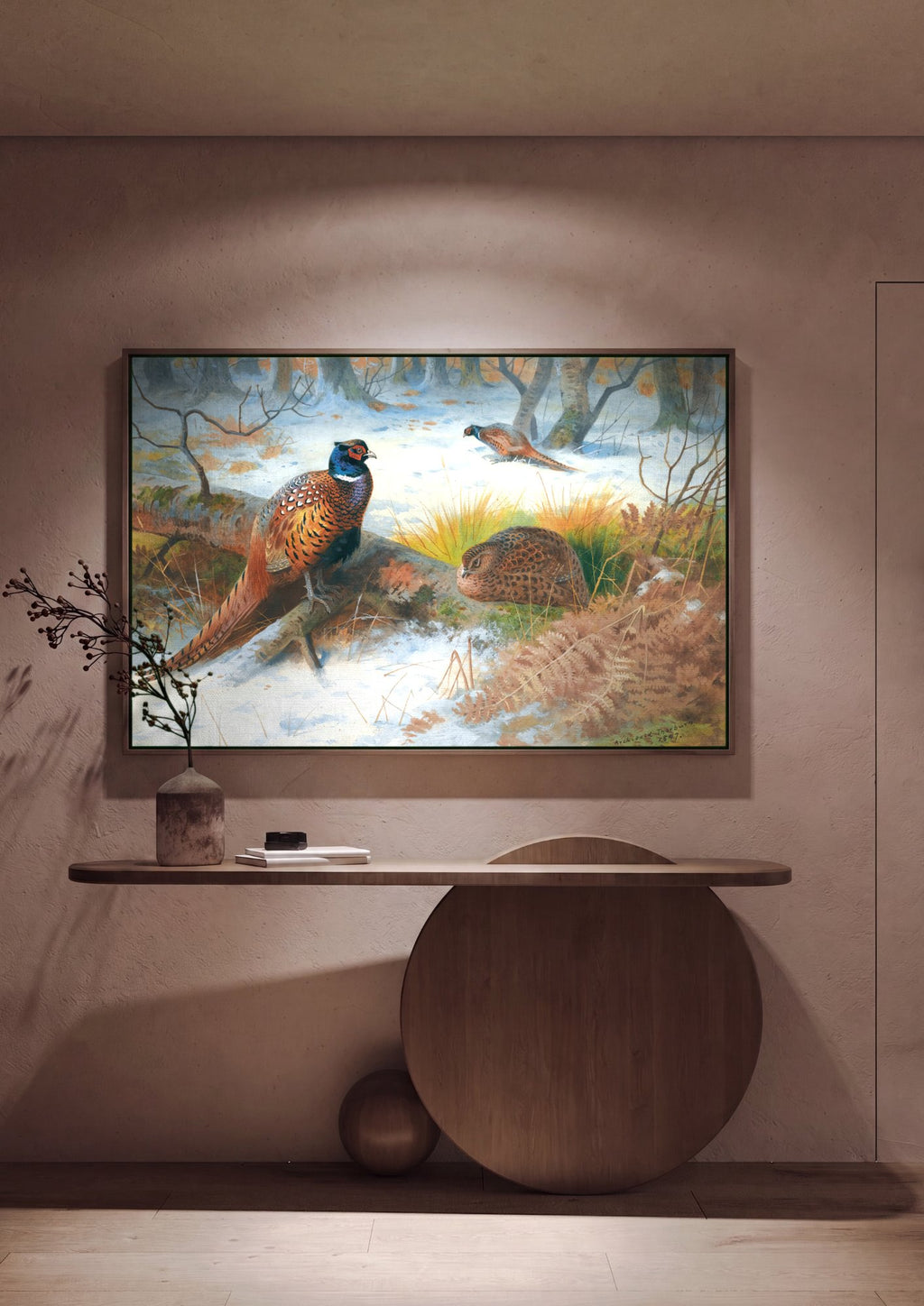 Quadro Decorativo Faisões na Neve - Thorburn em ambiente decorado