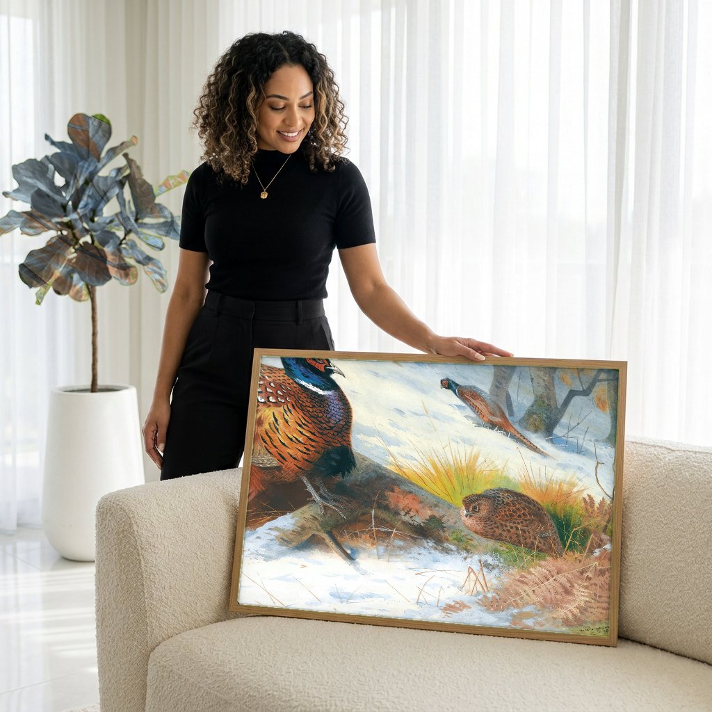 Quadro Decorativo Faisões na Neve - Thorburn com modelo em ambiente