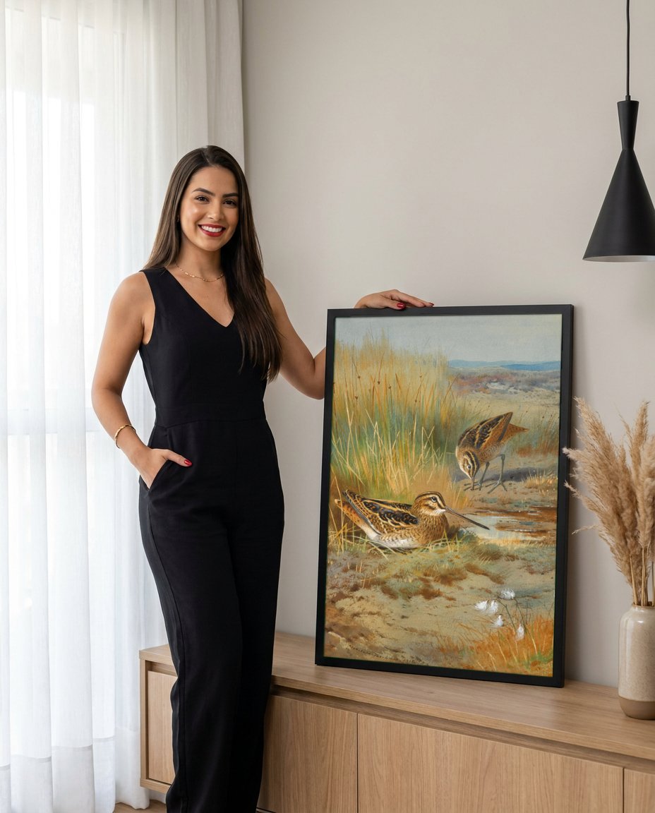 Quadro Decorativo Aves no Pântano - Thorburn com modelo em ambiente