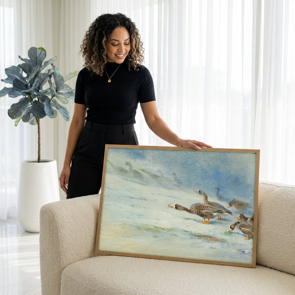Quadro Decorativo Aves de Inverno - Thorburn com modelo em ambiente