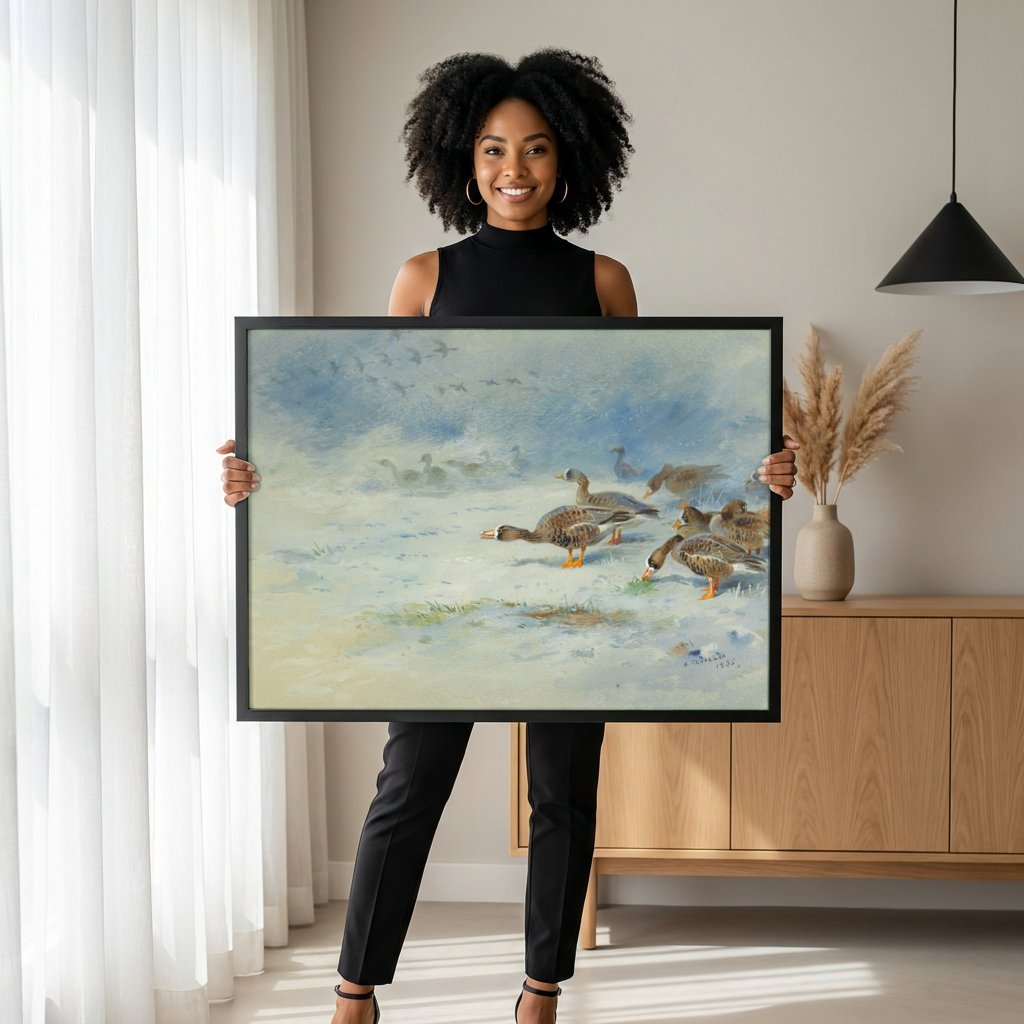 Quadro Decorativo Aves de Inverno - Thorburn com modelo em ambiente