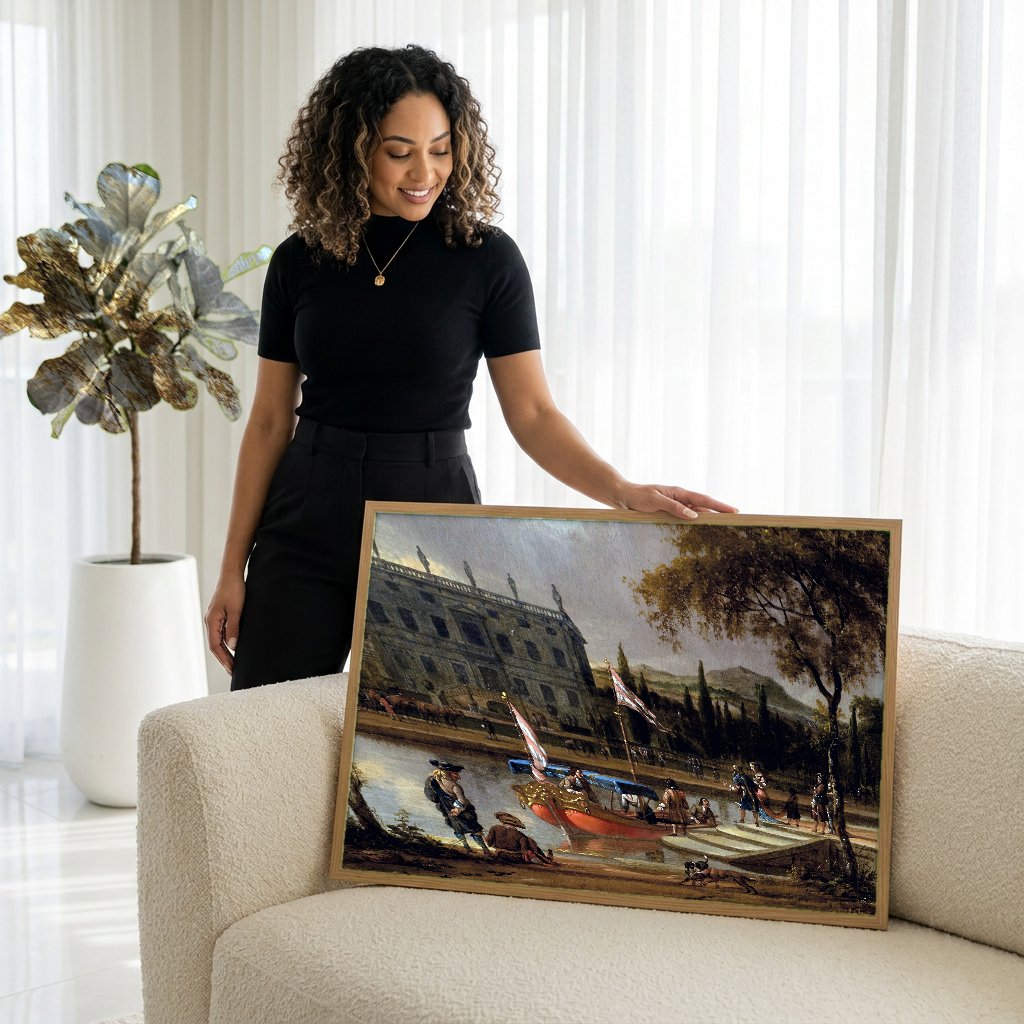 Quadro Decorativo Cena Festiva com Barca - Abraham Storck com modelo em ambiente