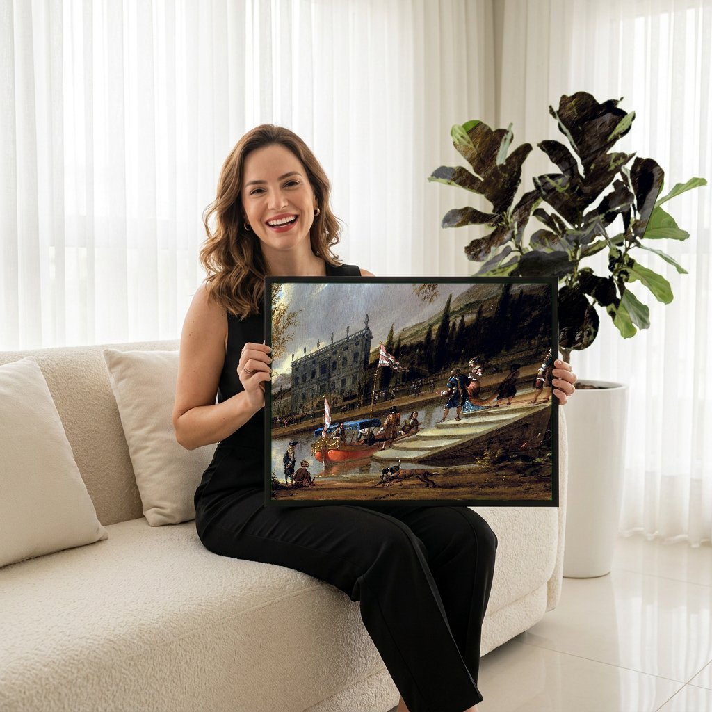 Quadro Decorativo Cena Festiva com Barca - Abraham Storck com modelo em ambiente