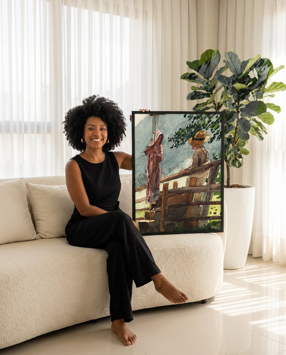 Quadro Decorativo Duas Figuras na Cerca - Winslow Homer com modelo em ambiente