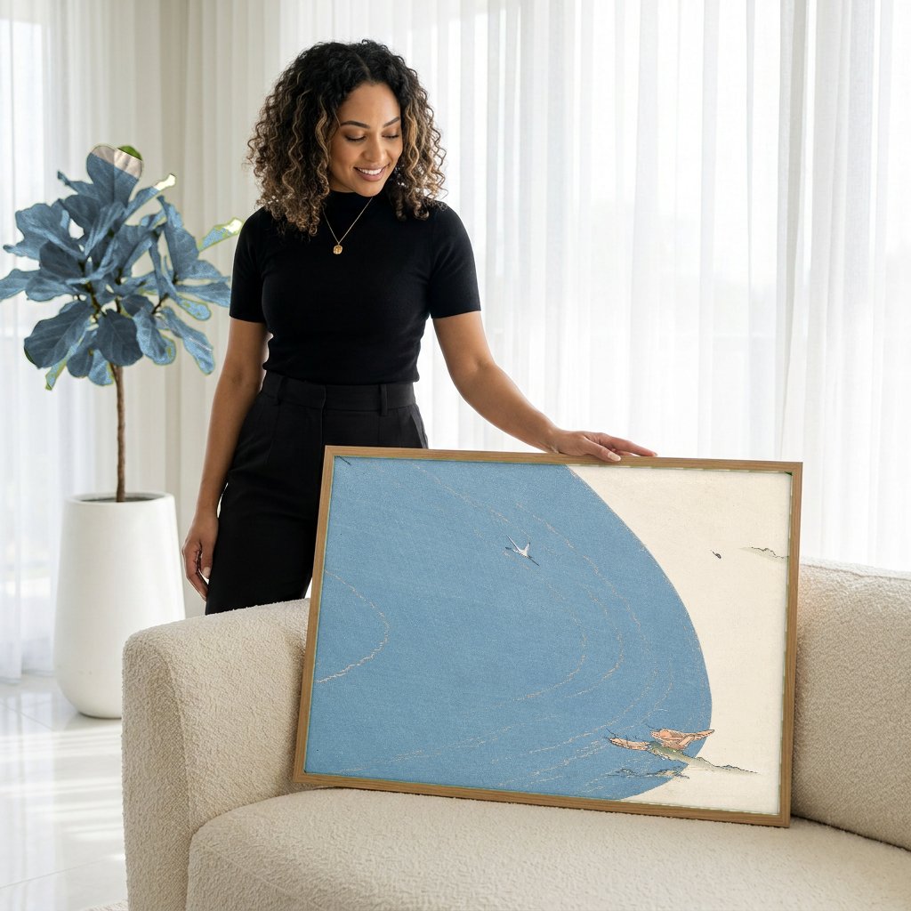 Quadro Decorativo Cenas de Mar com Garças - Kamisaka Sekka com modelo em ambiente