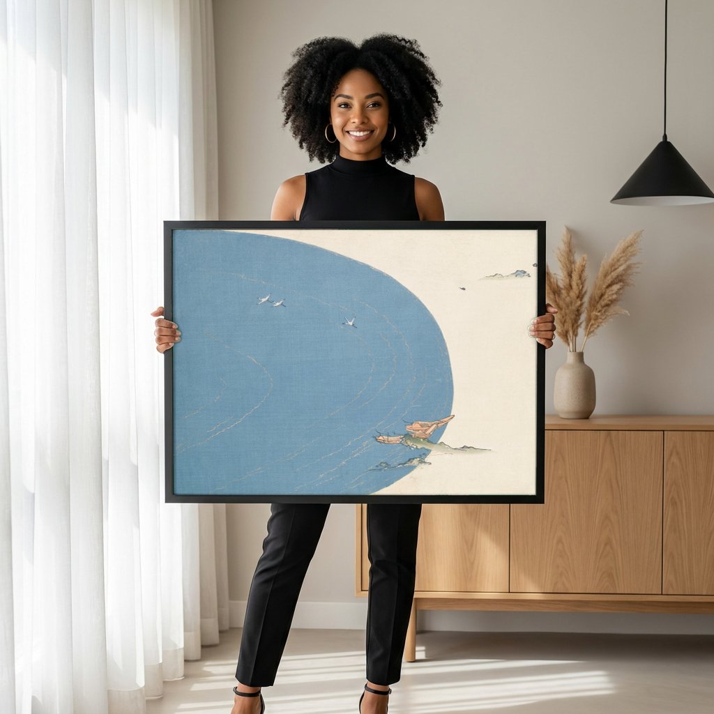 Quadro Decorativo Cenas de Mar com Garças - Kamisaka Sekka com modelo em ambiente