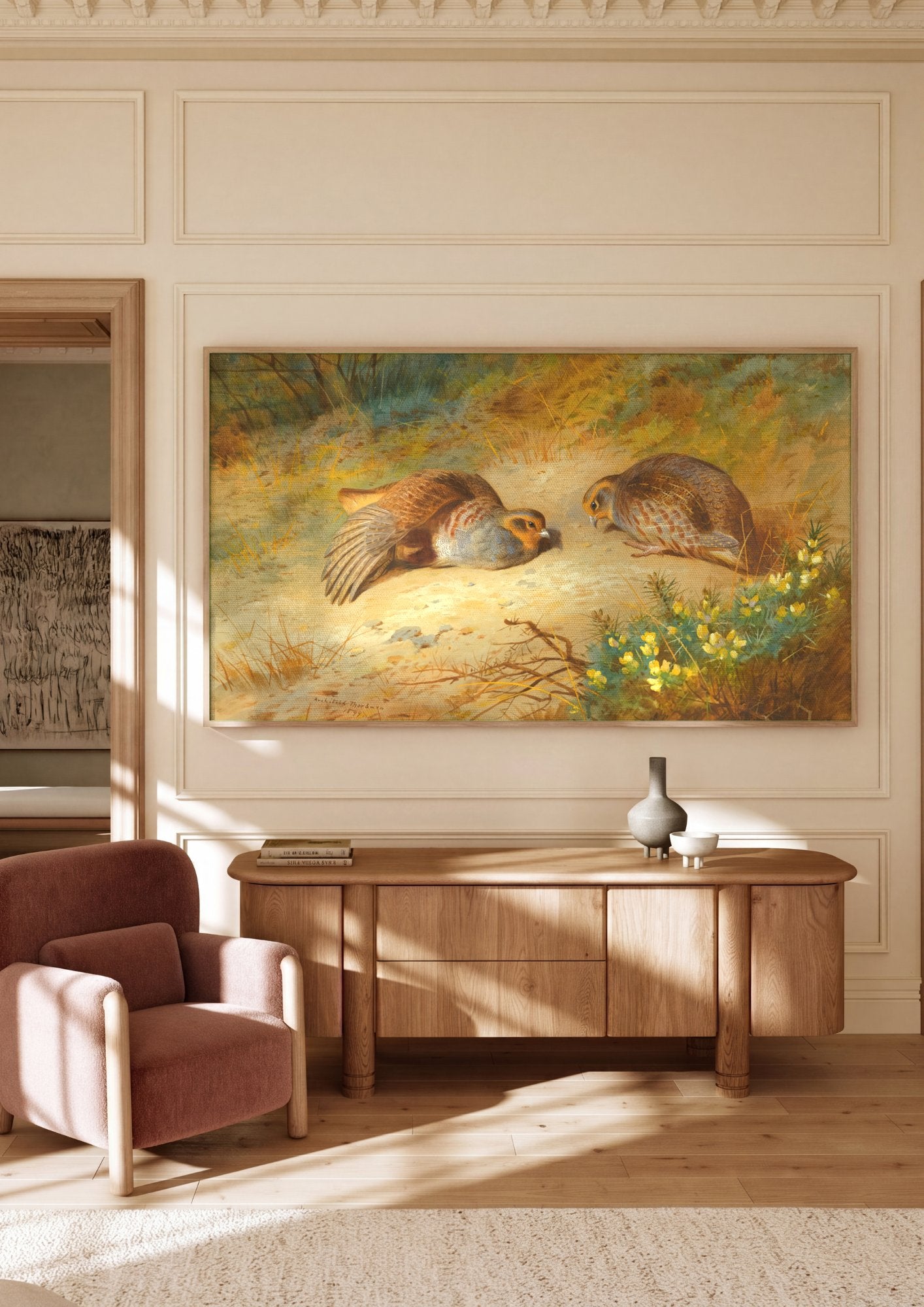 Quadro Decorativo Perdizes no Campo - Archibald Thorburn em ambiente decorado